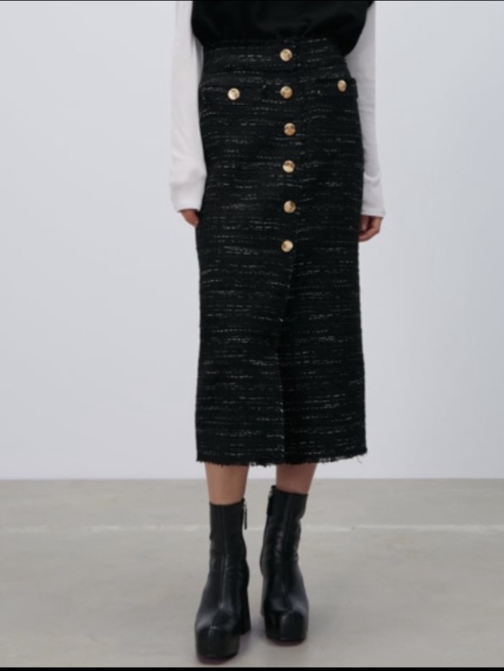 Zara Black and White Tweed Midi Skirt with Gold Buttons
